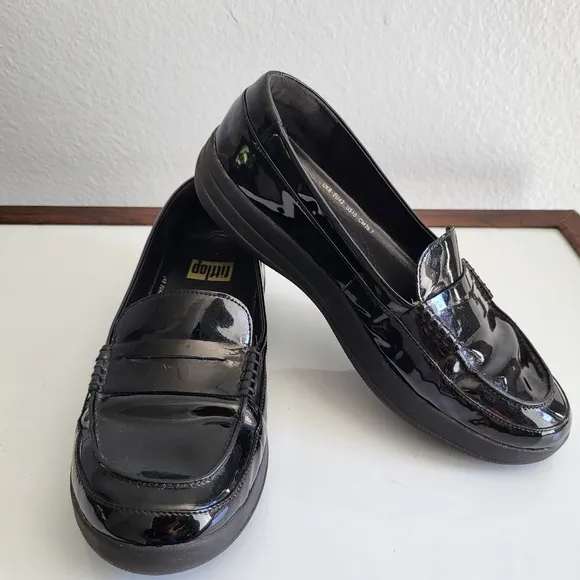 FitFlop Black Patent Leather Loafers.