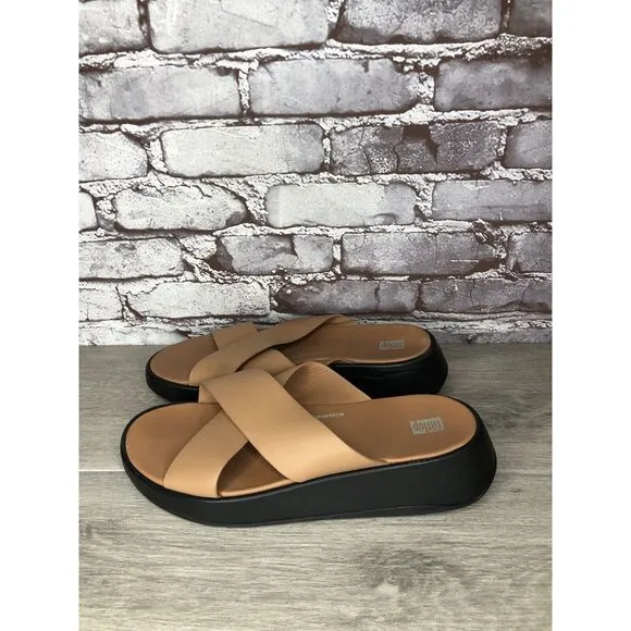Fitflop F-Mode Brown Leather Flatform Cross Strap Slides Women’s Sz 10M US/42EU