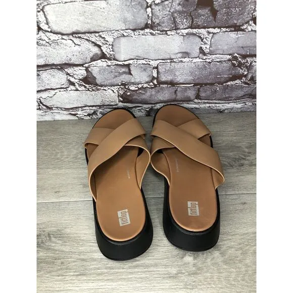 Fitflop F-Mode Brown Leather Flatform Cross Strap Slides Women’s Sz 10M US/42EU