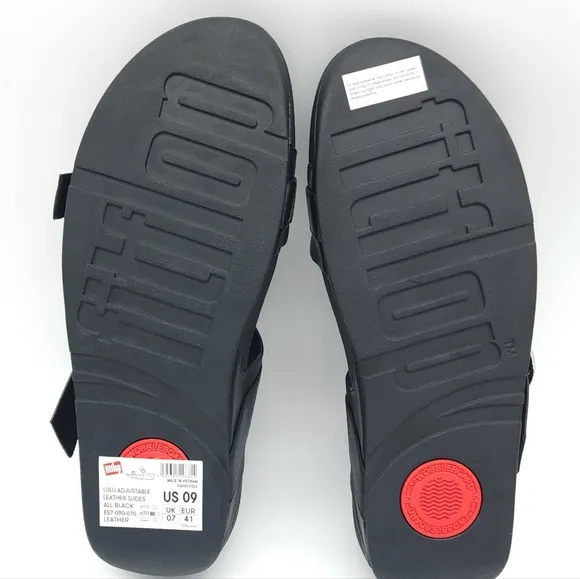 FitFlop LULU Adjustable Black Leather Slides Summer Comfort Sandals Size 9