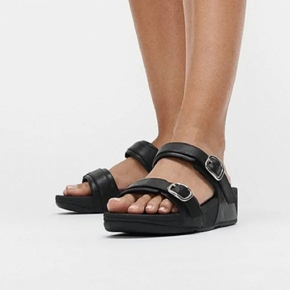 FitFlop LULU Adjustable Black Leather Slides Summer Comfort Sandals Size 9