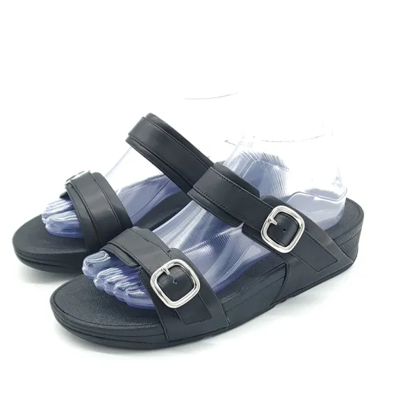 FitFlop LULU Adjustable Black Leather Slides Summer Comfort Sandals Size 9