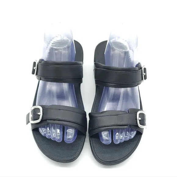 FitFlop LULU Adjustable Black Leather Slides Summer Comfort Sandals Size 9
