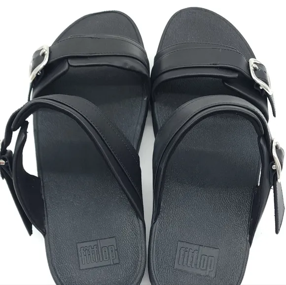 FitFlop LULU Adjustable Black Leather Slides Summer Comfort Sandals Size 9