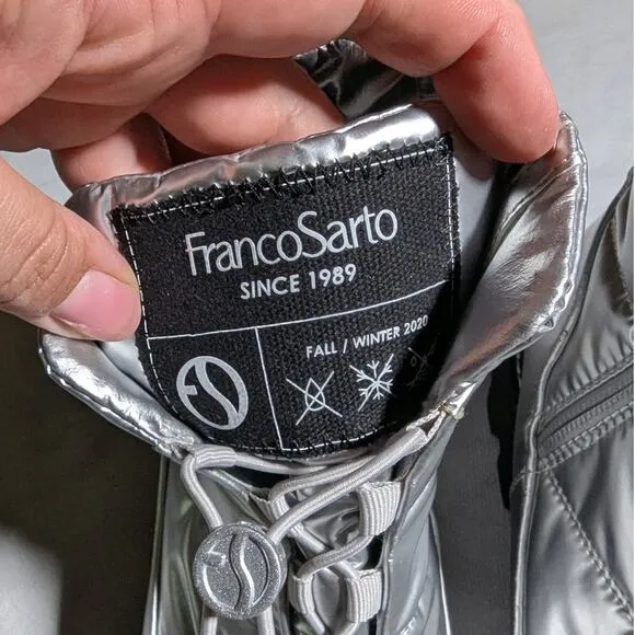 Franco Sarto Bucana Silver Metallic Quilted Puffer Lug Sole Toggle Boots Sz 8.5