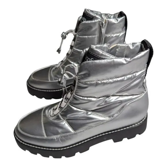 Franco Sarto Bucana Silver Metallic Quilted Puffer Lug Sole Toggle Boots Sz 8.5