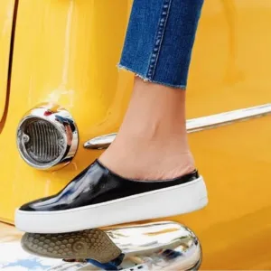 FREE PEOPLE Black Shiny Patent Leather Wynwood Slip On Slide Platform Mules