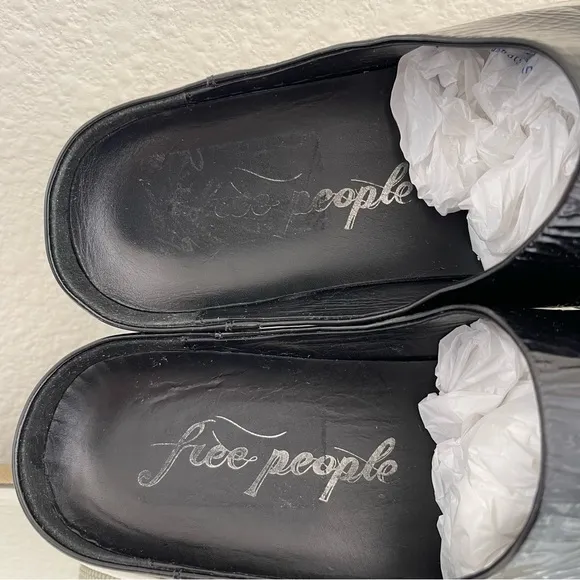 FREE PEOPLE Black Shiny Patent Leather Wynwood Slip On Slide Platform Mules