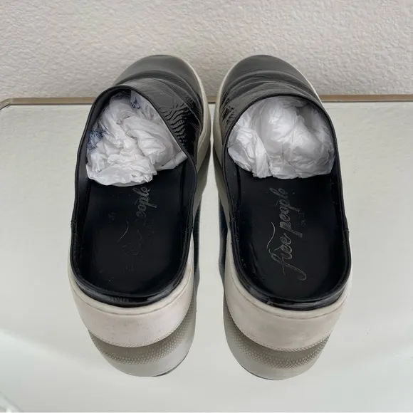 FREE PEOPLE Black Shiny Patent Leather Wynwood Slip On Slide Platform Mules