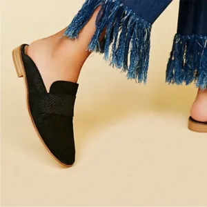 Free People Black Suede Snake Skin Pattern Loafers Mule 8 Preppy Boho Academia