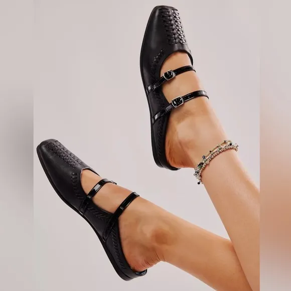 FREE PEOPLE Diana Double Strap Flats-Black-Size 38