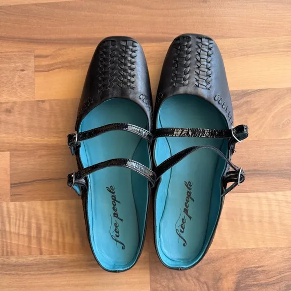FREE PEOPLE Diana Double Strap Flats-Black-Size 38