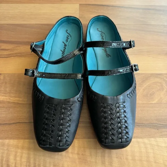FREE PEOPLE Diana Double Strap Flats-Black-Size 38