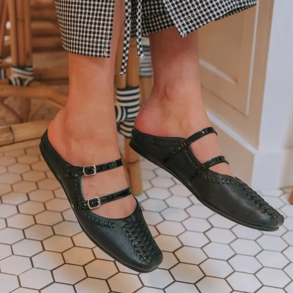 FREE PEOPLE Diana Double Strap Flats-Black-Size 38