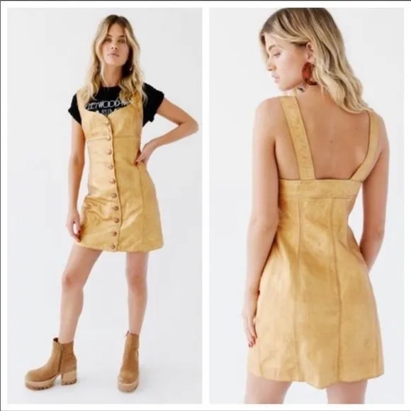 Free People Gold Leather Sleeveless Mini Party Dress Size 8 NWT Fairygoth Glam