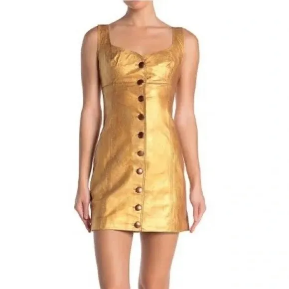 Free People Gold Leather Sleeveless Mini Party Dress Size 8 NWT Fairygoth Glam