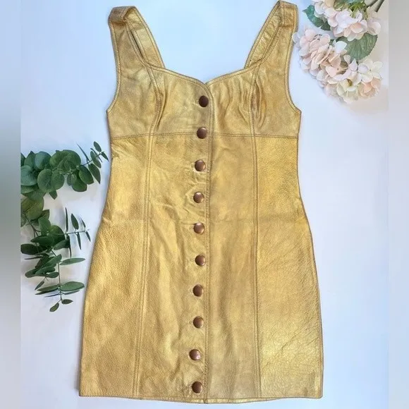 Free People Gold Leather Sleeveless Mini Party Dress Size 8 NWT Fairygoth Glam