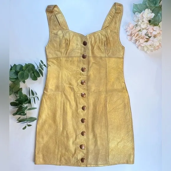 Free People Gold Leather Sleeveless Mini Party Dress Size 8 NWT Fairygoth Glam