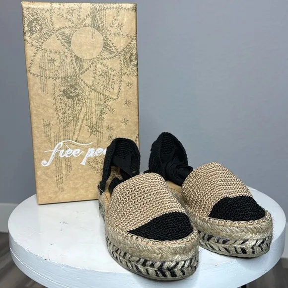 FREE PEOPLE ISLAND TIME BLACK AND TAN ANKLE WRAP CROCHET ESPADRILLES **NIB**