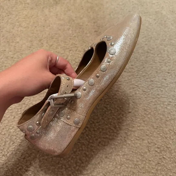 Free People Mystic Ankle Strap Mary Jane Studded Champagne Flats Size 6.5