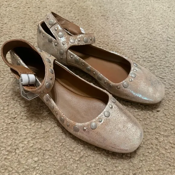 Free People Mystic Ankle Strap Mary Jane Studded Champagne Flats Size 6.5