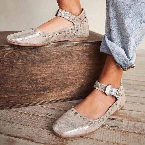 Free People Mystic Ankle Strap Mary Jane Studded Champagne Flats Size 6.5