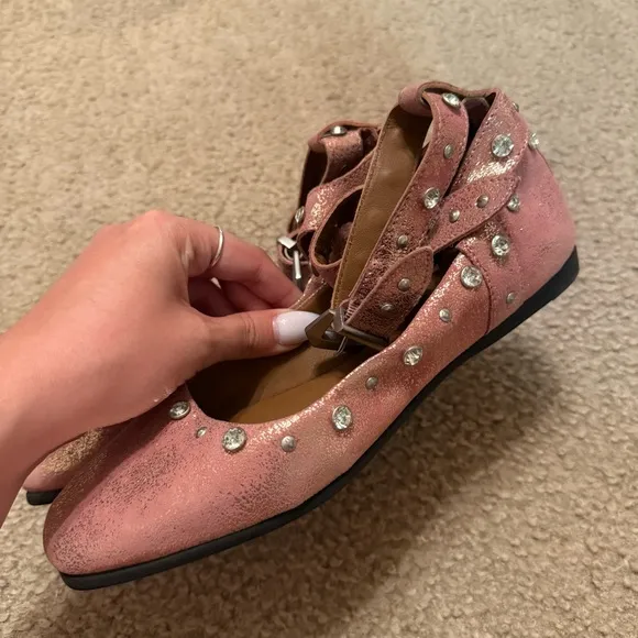 Free People Mystic Diamante Flats Double Ankle Strap Frost Pink Leather Size 7