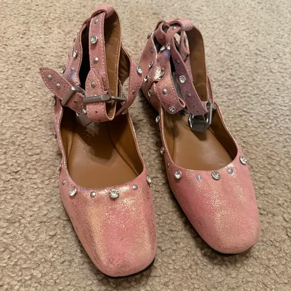 Free People Mystic Diamante Flats Double Ankle Strap Frost Pink Leather Size 7