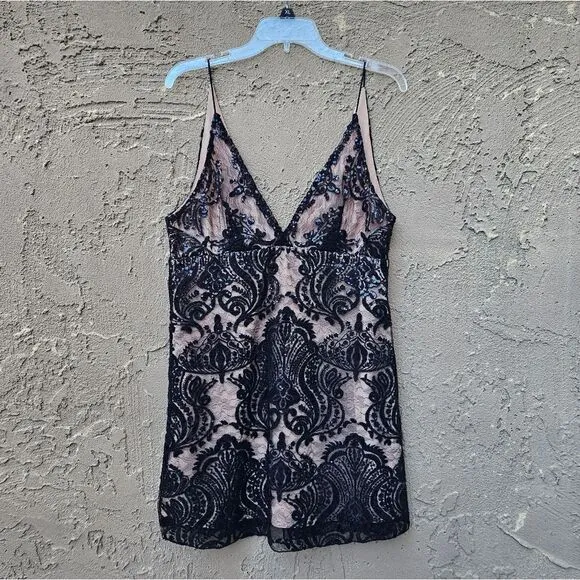 Free People Night Shimmers Lace Sequined Beige and Black Dress