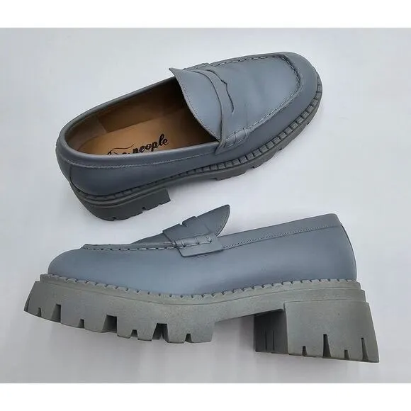 Free People Size 38 Lyra Loafers Platform Boardwalk Blue Leather Lug Sole New