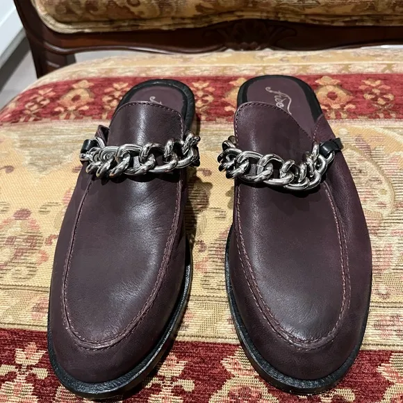 Free People Vida Brown/Purple Leather Loafers Mules with Chain Detail 38.5 NWOT