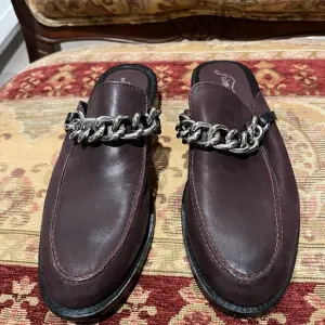 Free People Vida Brown/Purple Leather Loafers Mules with Chain Detail 38.5 NWOT