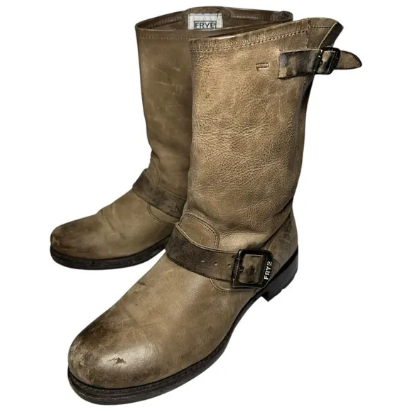 FRYE Women’s 7 Taupe Tan Leather Moto Biker Style Engineer Buckle Veronica Boots