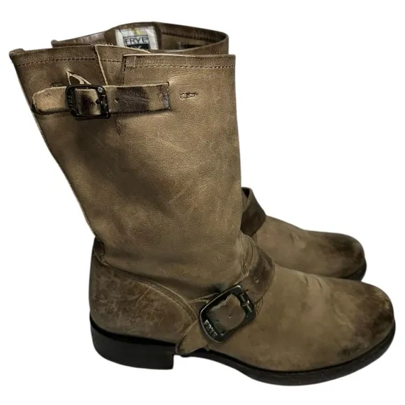 FRYE Women’s 7 Taupe Tan Leather Moto Biker Style Engineer Buckle Veronica Boots