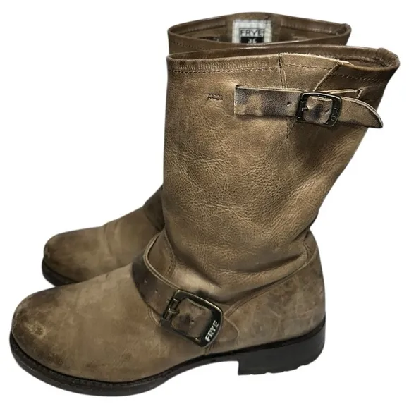 FRYE Women’s 7 Taupe Tan Leather Moto Biker Style Engineer Buckle Veronica Boots