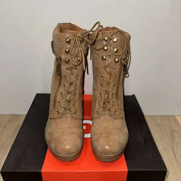 G By Guess Platform Womens 10 Combat Ankle Boots Brown Zipper ‎ 3 1/2&quot; Heel NIB