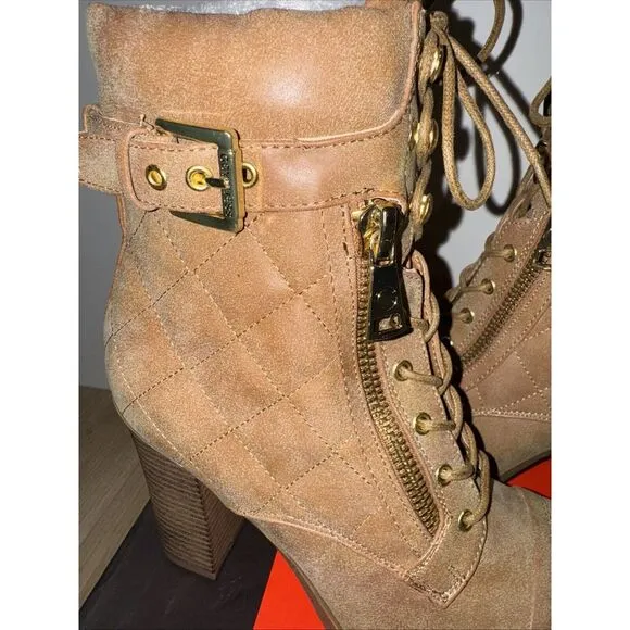 G By Guess Platform Womens 10 Combat Ankle Boots Brown Zipper ‎ 3 1/2&quot; Heel NIB