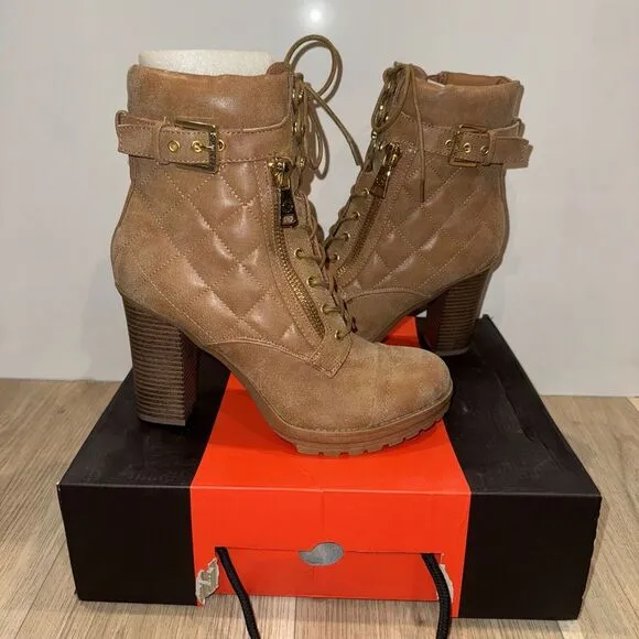 G By Guess Platform Womens 10 Combat Ankle Boots Brown Zipper ‎ 3 1/2&quot; Heel NIB