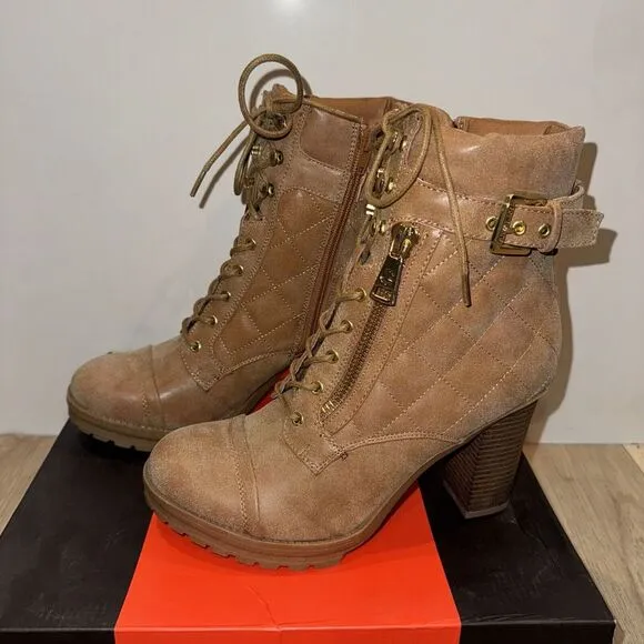 G By Guess Platform Womens 10 Combat Ankle Boots Brown Zipper ‎ 3 1/2&quot; Heel NIB
