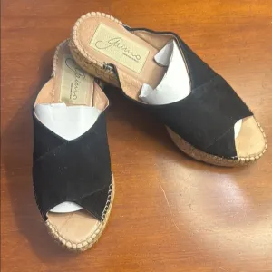 Gaimo Black Suede Espadrille Slip-Ons with Peep-Toe