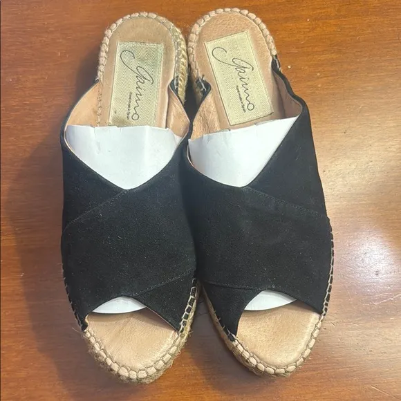 Gaimo Black Suede Espadrille Slip-Ons with Peep-Toe