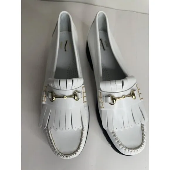 G.H. Bass Women's Lianna Kiltie Lug Loafers White Bit Buckle Fringe Platform 9.5