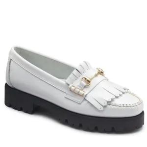 G.H. Bass Women's Lianna Kiltie Lug Loafers White Bit Buckle Fringe Platform 9.5