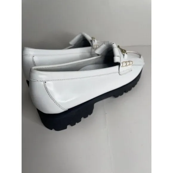 G.H. Bass Women's Lianna Kiltie Lug Loafers White Bit Buckle Fringe Platform 9.5