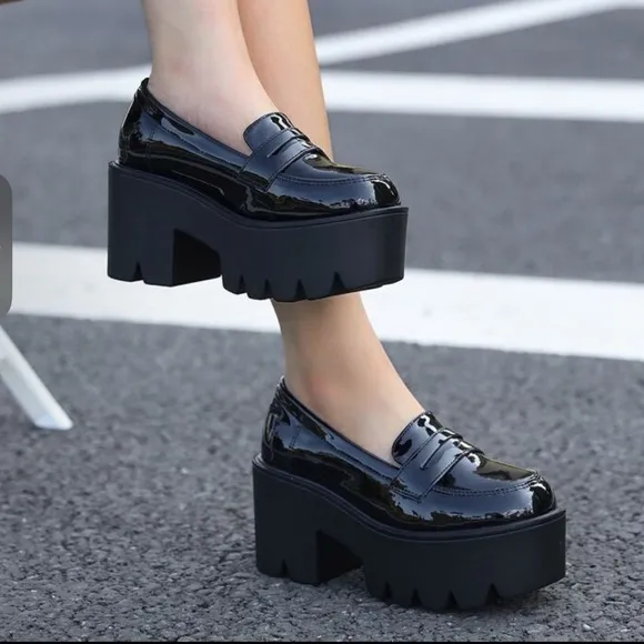 Gianni BiniAvivaTwo Patent Lug Sole Platform Loafers.