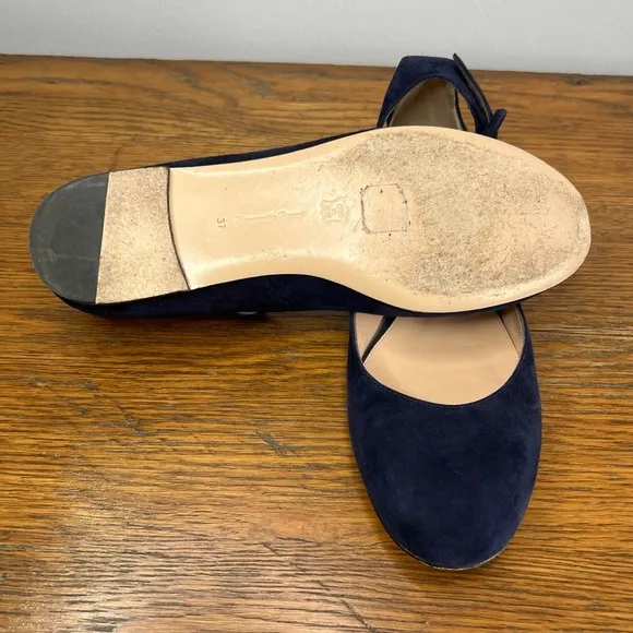 GIANVITO ROSSI Size 37 • Navy Blue Ankle Strap Suede Flats.