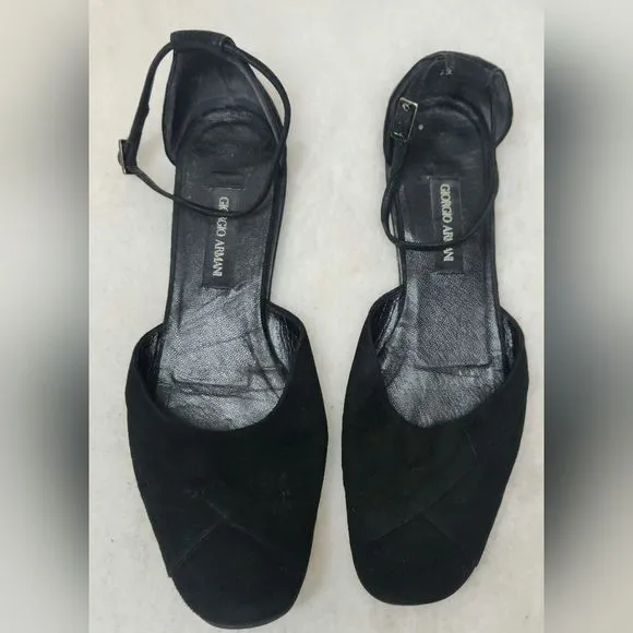 Giorgio Armani Black Suede Flats w/Ankle Strap Size 38