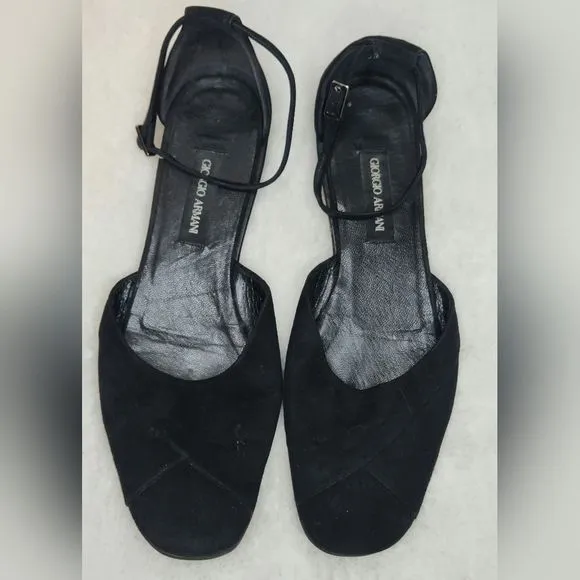 Giorgio Armani Black Suede Flats w/Ankle Strap Size 38