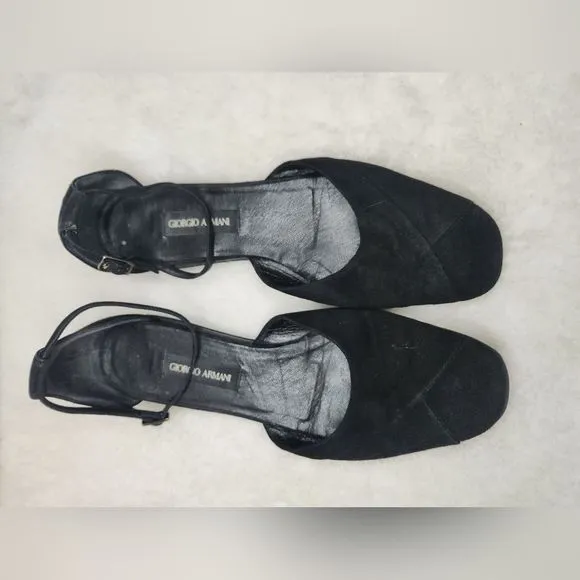 Giorgio Armani Black Suede Flats w/Ankle Strap Size 38