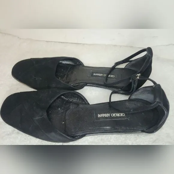 Giorgio Armani Black Suede Flats w/Ankle Strap Size 38